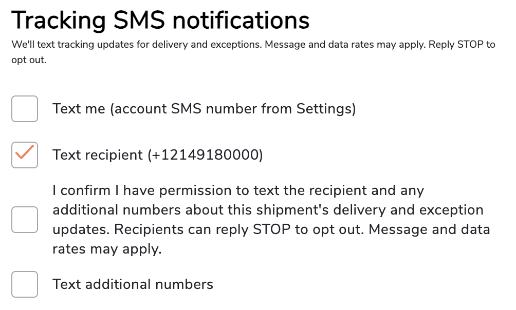 Prepare shipment Tracking SMS notifications section with recipient options and attestation that the shipper has permission to text the recipient about delivery and exception updates.