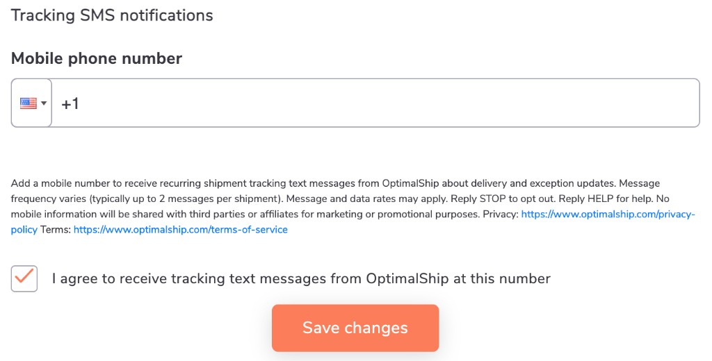 Settings screen for Tracking SMS notifications with the same consent description and the I agree to receive tracking text messages checkbox checked.