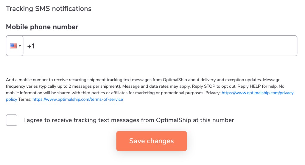 Settings screen for Tracking SMS notifications showing the mobile phone number field, full consent description text, and an unchecked checkbox labeled I agree to receive tracking text messages from OptimalShip at this number.